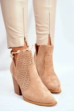 Clearance Boto Botki Damskie Na Słupku Zamszowe Ażurowe Beżowe Shades