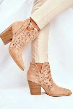 Clearance Boto Botki Damskie Na Słupku Zamszowe Ażurowe Beżowe Shades
