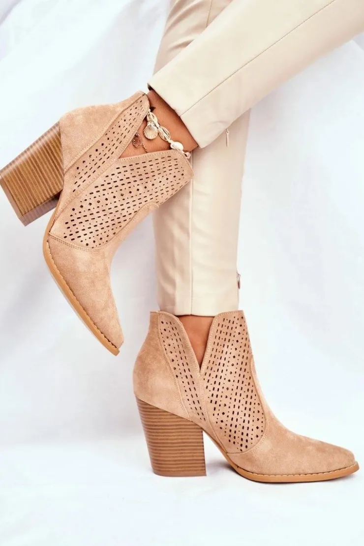 Clearance Boto Botki Damskie Na Słupku Zamszowe Ażurowe Beżowe Shades