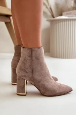 Hot Boto Botki Damskie Na Słupku Zapinane Na Zamek Ocieplane Eko Zamszowe Beżowe Mevair