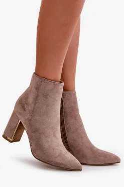 Hot Boto Botki Damskie Na Słupku Zapinane Na Zamek Ocieplane Eko Zamszowe Beżowe Mevair