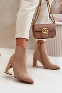 Damskie Boto Botki Damskie Na Słupku Zapinane Na Zamek Ocieplane Eko Zamszowe Jasnobrązowe Mevair