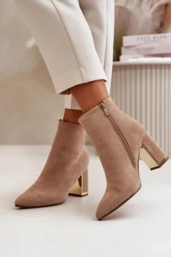 Damskie Boto Botki Damskie Na Słupku Zapinane Na Zamek Ocieplane Eko Zamszowe Jasnobrązowe Mevair