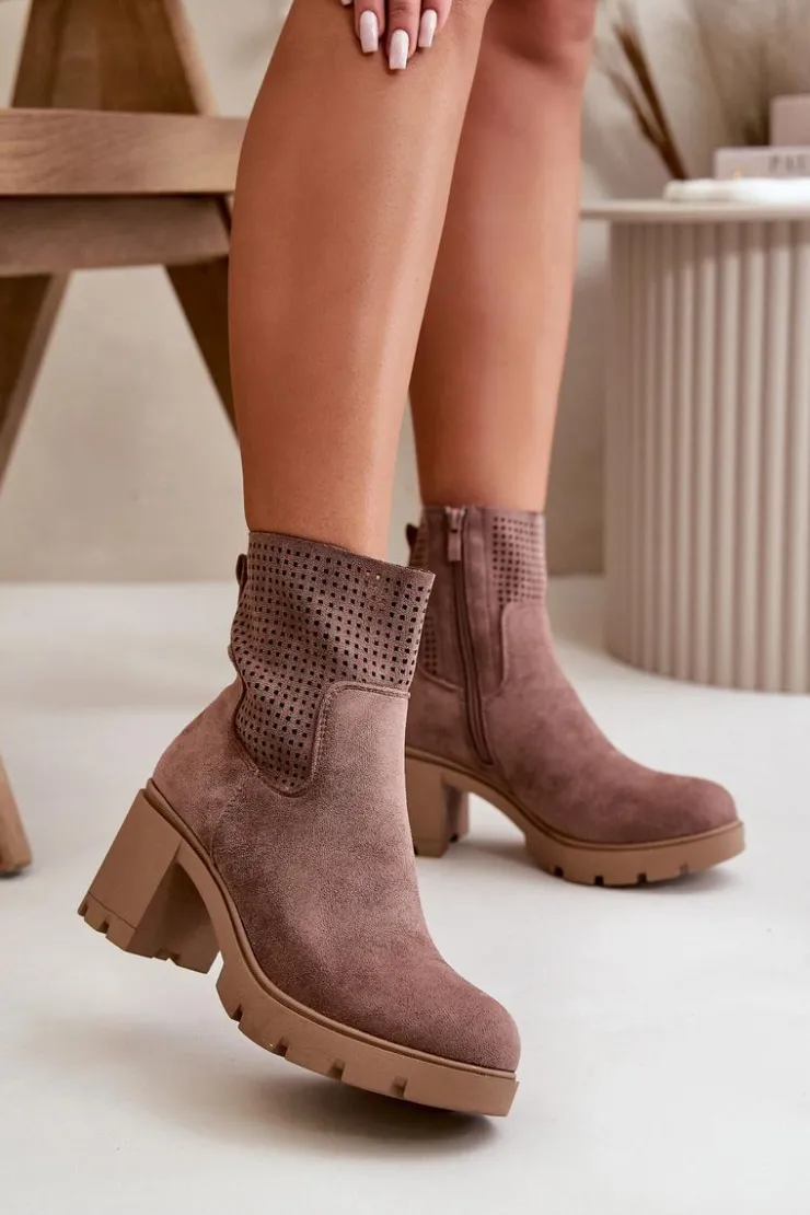 Boto Botki Ocieplane|Botki Ażurowe*Botki Damskie Na Słupku Zapinane Na Zamek Eko Zamszowe Brązowe Rashmi Brązowy