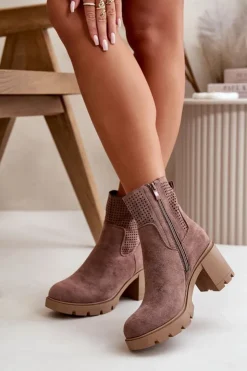 Boto Botki Ocieplane|Botki Ażurowe*Botki Damskie Na Słupku Zapinane Na Zamek Eko Zamszowe Brązowe Rashmi Brązowy