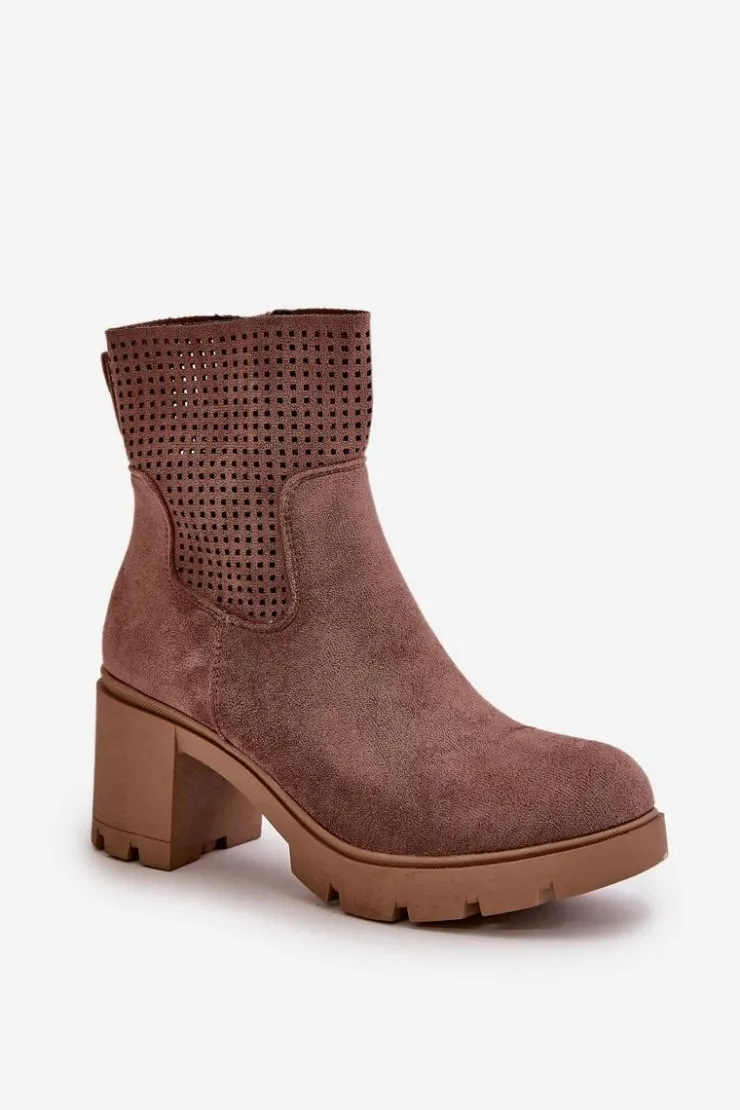 Boto Botki Ocieplane|Botki Ażurowe*Botki Damskie Na Słupku Zapinane Na Zamek Eko Zamszowe Brązowe Rashmi Brązowy