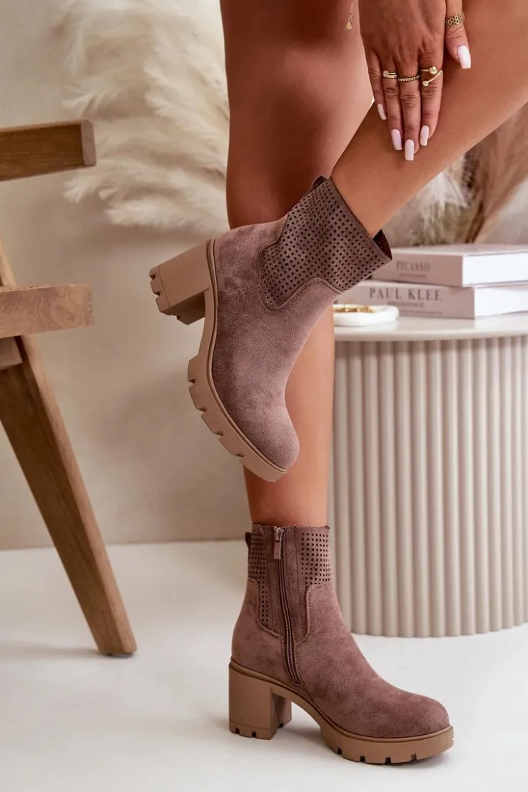 Boto Botki Ocieplane|Botki Ażurowe*Botki Damskie Na Słupku Zapinane Na Zamek Eko Zamszowe Brązowe Rashmi Brązowy