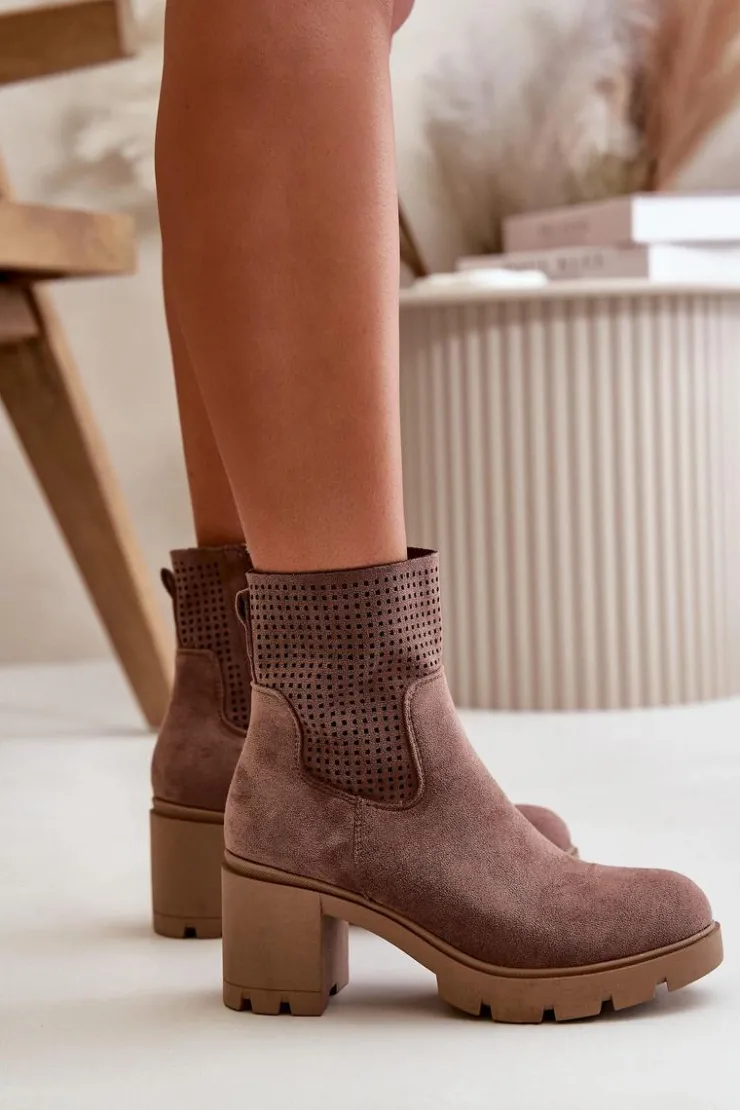 Boto Botki Ocieplane|Botki Ażurowe*Botki Damskie Na Słupku Zapinane Na Zamek Eko Zamszowe Brązowe Rashmi Brązowy