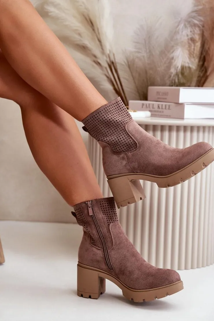 Boto Botki Ocieplane|Botki Ażurowe*Botki Damskie Na Słupku Zapinane Na Zamek Eko Zamszowe Brązowe Rashmi Brązowy