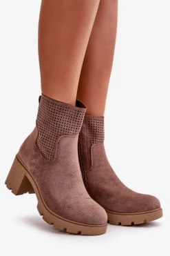 Boto Botki Ocieplane|Botki Ażurowe*Botki Damskie Na Słupku Zapinane Na Zamek Eko Zamszowe Brązowe Rashmi Brązowy