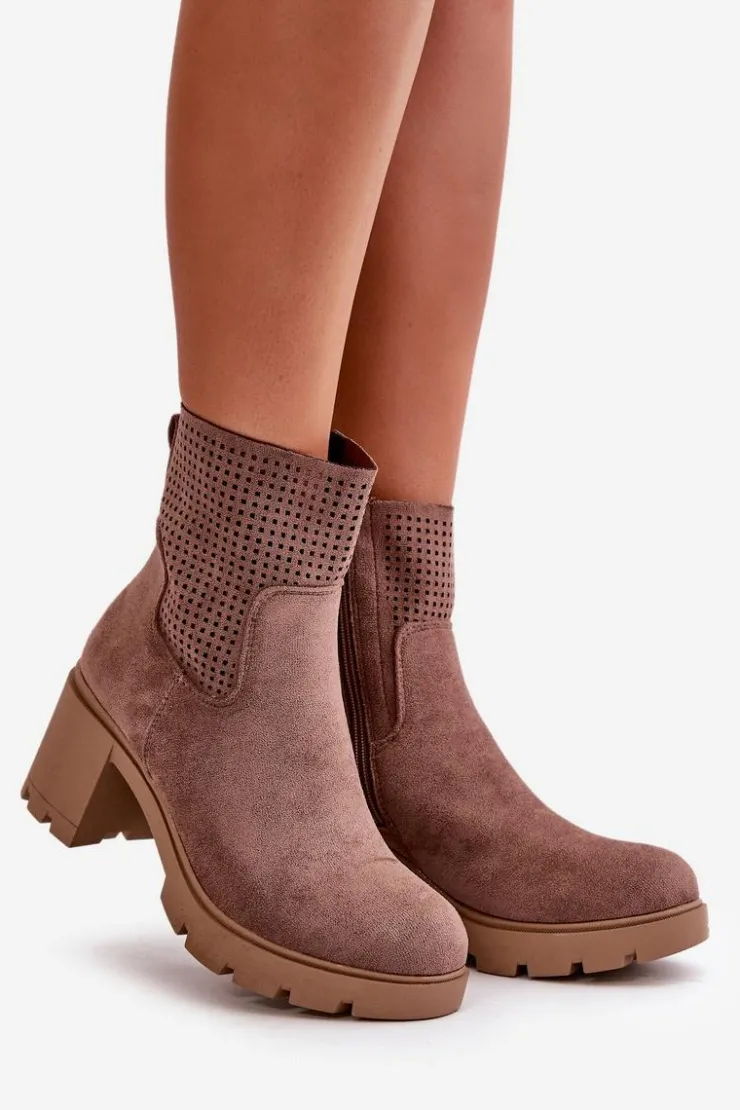 Boto Botki Ocieplane|Botki Ażurowe*Botki Damskie Na Słupku Zapinane Na Zamek Eko Zamszowe Brązowe Rashmi Brązowy