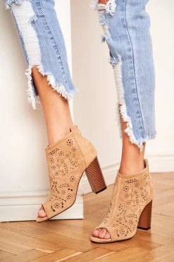 Sale Boto Botki Damskie Na Słupku Zamszowe Ażurowe Beżowe Papillon