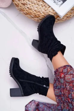 Best Boto Botki Damskie Na Słupku Zamsz Czarne Celma