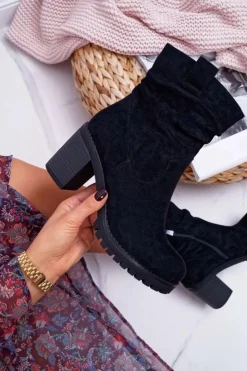 Best Boto Botki Damskie Na Słupku Zamsz Czarne Celma