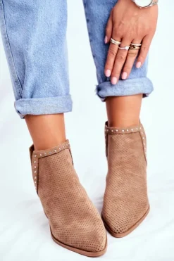 Best Boto Botki Damskie Na Słupku Zamszowe Ażurowe Beżowe Margate