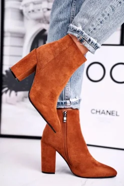 Damskie Boto Botki Damskie na Słupku Zamszowe Camel Sharks