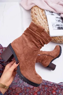 Damskie Boto Botki Damskie Na Słupku Zamsz Camel Celma