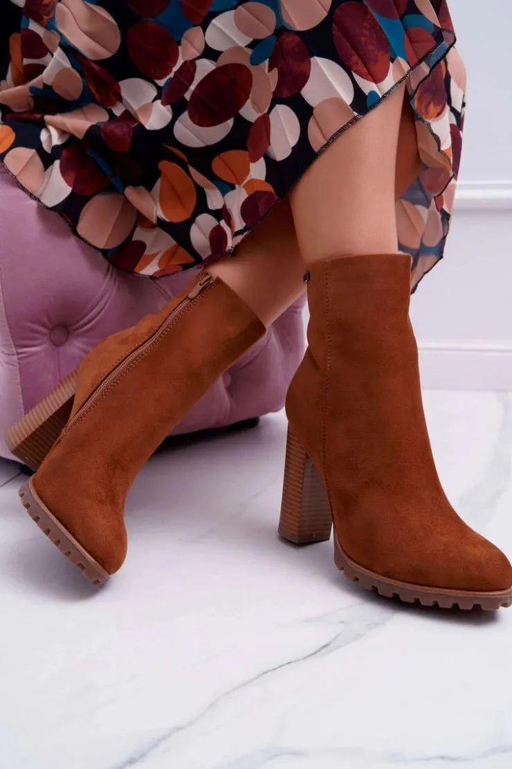 Boto Botki Na Słupku|Brązowe I Beżowe Botki*Botki Damskie na Słupku Zamszowe Camel Cadillac