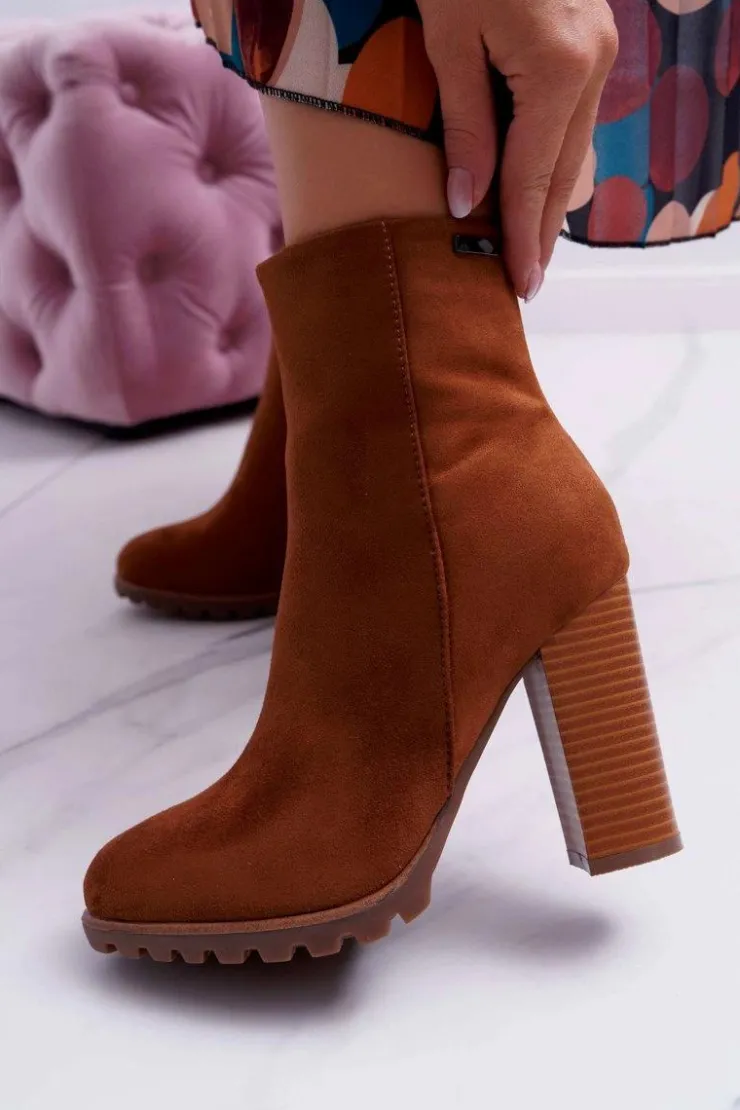 Boto Botki Na Słupku|Brązowe I Beżowe Botki*Botki Damskie na Słupku Zamszowe Camel Cadillac