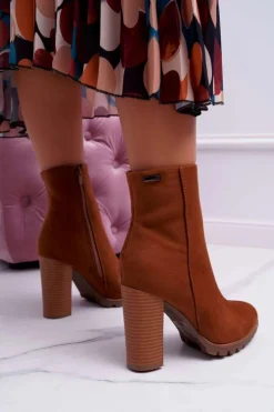 Boto Botki Na Słupku|Brązowe I Beżowe Botki*Botki Damskie na Słupku Zamszowe Camel Cadillac