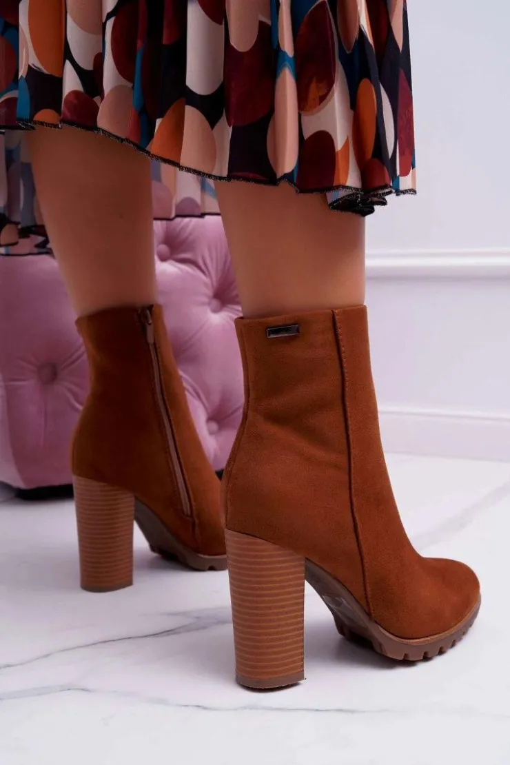 Boto Botki Na Słupku|Brązowe I Beżowe Botki*Botki Damskie na Słupku Zamszowe Camel Cadillac