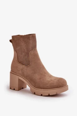 Damskie Boto Botki Damskie Na Słupku Zapinane Na Zamek Eko Zamszowe Beżowe Rashmi