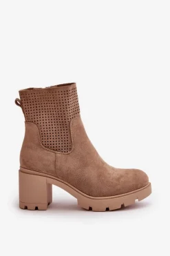 Damskie Boto Botki Damskie Na Słupku Zapinane Na Zamek Eko Zamszowe Beżowe Rashmi