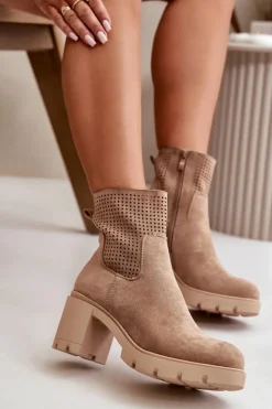 Damskie Boto Botki Damskie Na Słupku Zapinane Na Zamek Eko Zamszowe Beżowe Rashmi