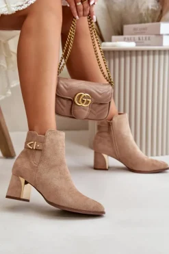 Damskie Boto Botki Damskie Na Słupku Zapinane Na Zamek Eko Zamszowe Ciemnobeżowe Bonucci