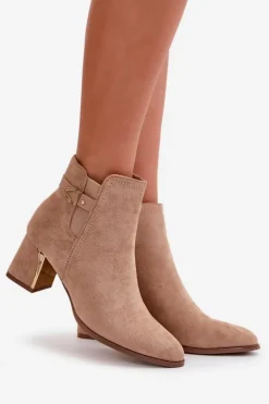 Damskie Boto Botki Damskie Na Słupku Zapinane Na Zamek Eko Zamszowe Ciemnobeżowe Bonucci