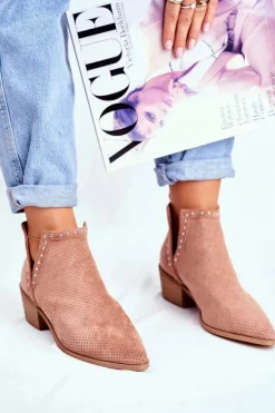 Damskie Boto Botki Damskie Na Słupku Zamszowe Ażurowe Różowe Margate