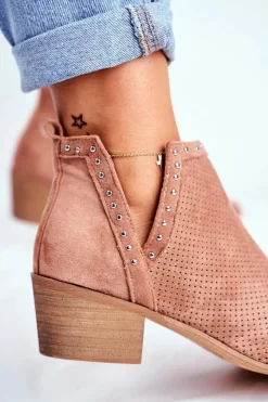 Damskie Boto Botki Damskie Na Słupku Zamszowe Ażurowe Różowe Margate