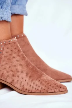 Damskie Boto Botki Damskie Na Słupku Zamszowe Ażurowe Różowe Margate