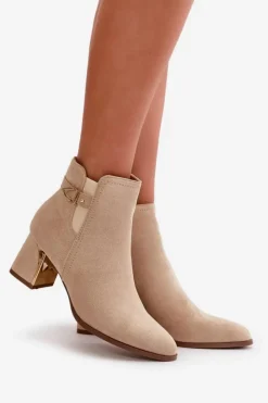 Discount Boto Botki Damskie Na Słupku Zapinane Na Zamek Eko Zamszowe Jasnobeżowe Bonucci