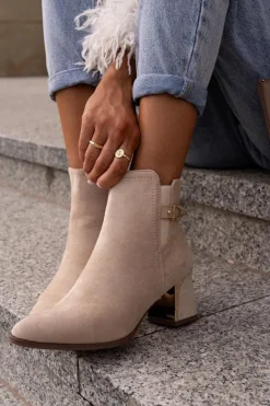 Discount Boto Botki Damskie Na Słupku Zapinane Na Zamek Eko Zamszowe Jasnobeżowe Bonucci