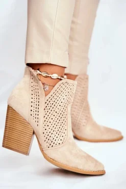 Damskie Boto Botki Damskie Na Słupku Zamszowe Ażurowe Jasno Beżowe Shades