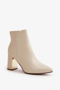 Damskie Boto Botki Damskie Na Słupku Zapinane Na Zamek Ocieplane Eko Skórzane Jasnobeżowe Mevair