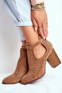 Boto Botki Wiosenne|Botki Na Słupku*Botki Damskie Na Słupku Zamszowe Ażurowe Camel Morrena