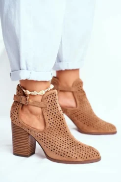 Boto Botki Wiosenne|Botki Na Słupku*Botki Damskie Na Słupku Zamszowe Ażurowe Camel Morrena