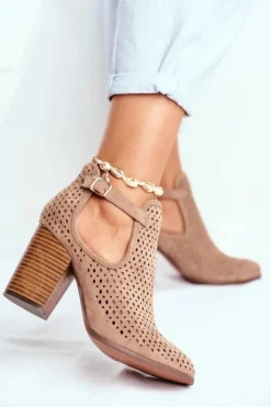 Best Boto Botki Damskie Na Słupku Zamszowe Ażurowe Beżowe Morrena