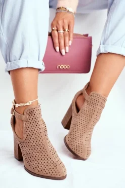 Best Boto Botki Damskie Na Słupku Zamszowe Ażurowe Beżowe Morrena