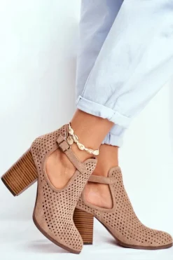 Best Boto Botki Damskie Na Słupku Zamszowe Ażurowe Beżowe Morrena