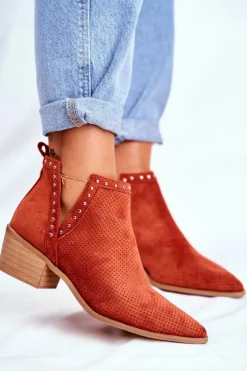 Hot Boto Botki Damskie Na Słupku Zamszowe Ażurowe Pomarańczowe Margate