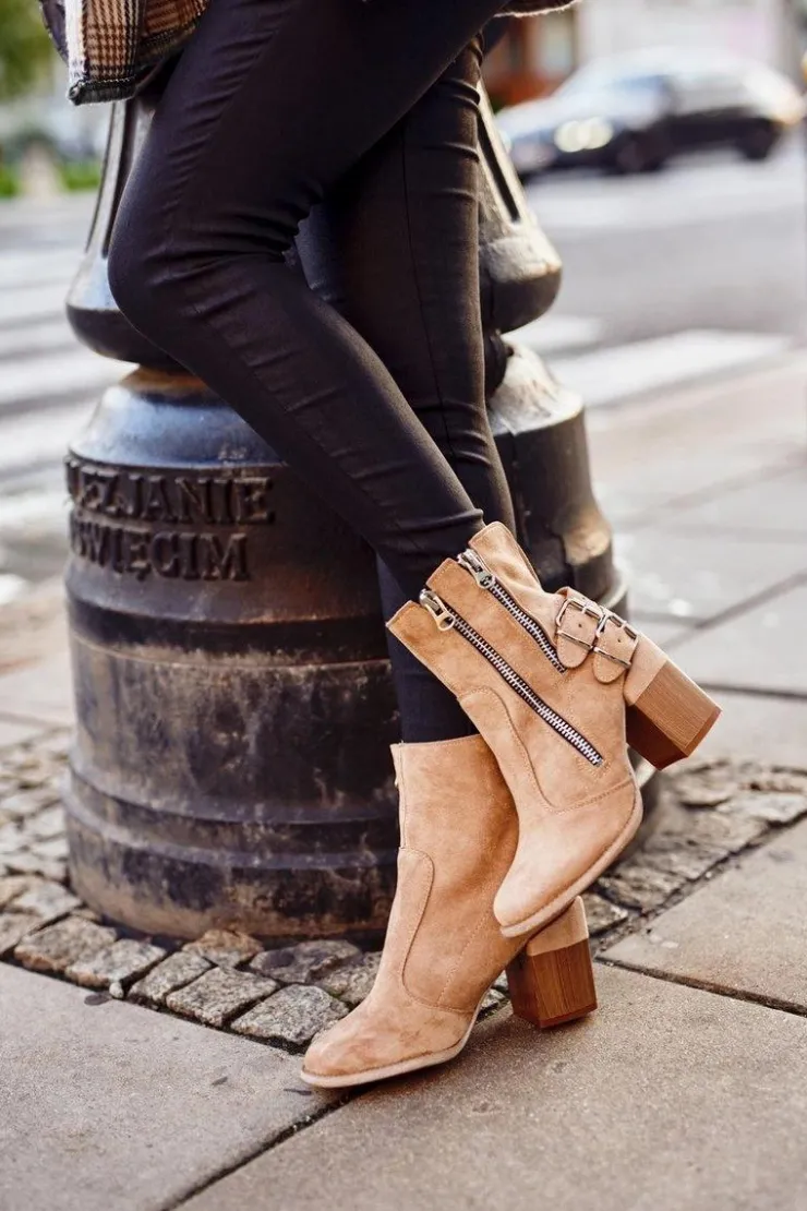 Damskie Boto Botki Damskie Na Słupku Zamszowe Beżowe Anabelle