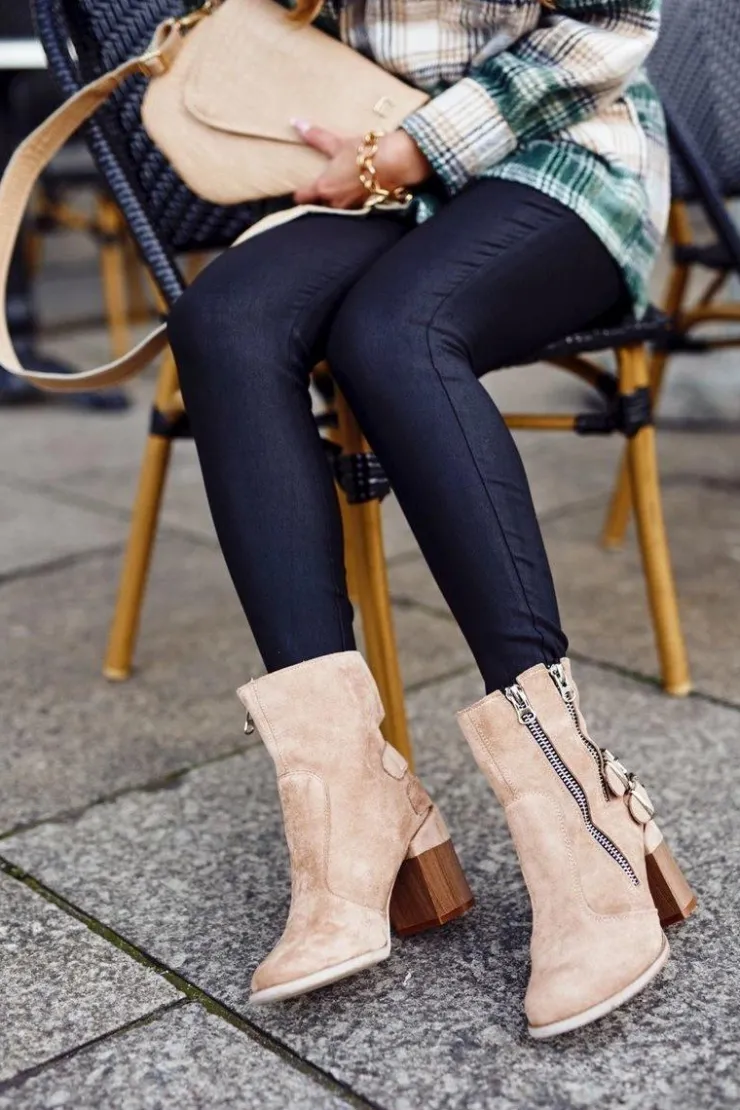 Damskie Boto Botki Damskie Na Słupku Zamszowe Beżowe Anabelle