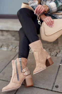 Damskie Boto Botki Damskie Na Słupku Zamszowe Beżowe Anabelle