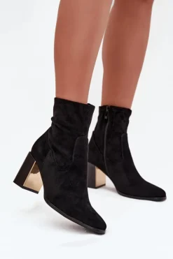 Hot Boto Botki Damskie Na Słupku Ze Złotym Elementem Ocieplane Czarne Amelisse