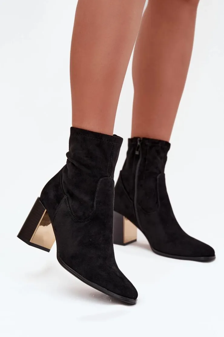 Hot Boto Botki Damskie Na Słupku Ze Złotym Elementem Ocieplane Czarne Amelisse