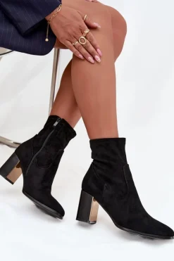 Hot Boto Botki Damskie Na Słupku Ze Złotym Elementem Ocieplane Czarne Amelisse