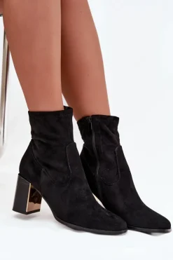 Hot Boto Botki Damskie Na Słupku Ze Złotym Elementem Ocieplane Czarne Amelisse